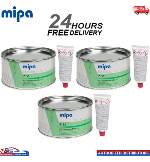 3x MIPA P51 FIBRE GLASS FILLER GREEN PUTTY WITH HARDENER 1.8KG